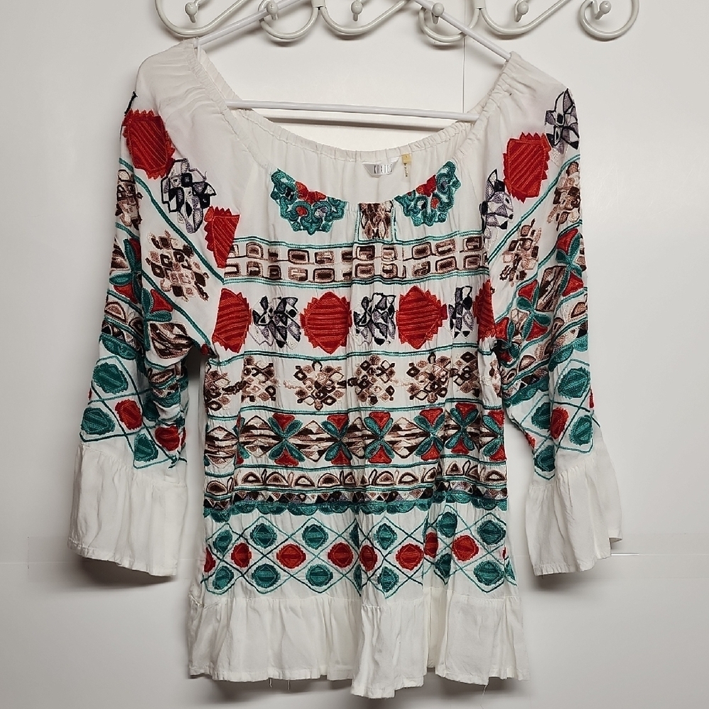 Kaktus Vibrant Patterned Blouse in Red, Orange, Teal, & Brown BOHO HIPPIE PRETTY